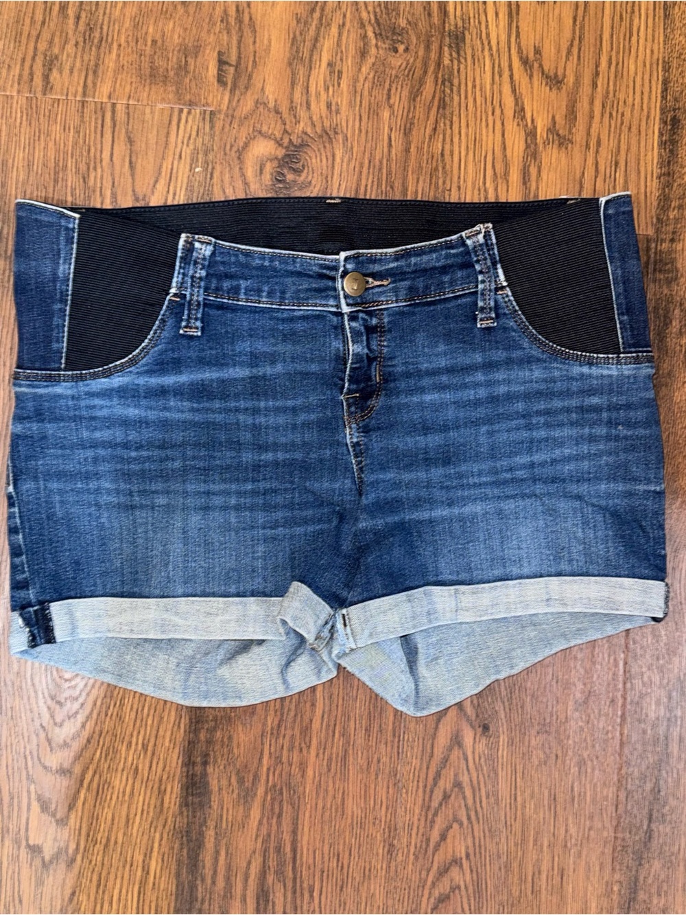 Women's Dark Blue Denim Maternity Shorts with Stretch Waistband